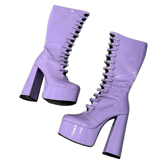 Women's Lilac Patent Leather Platform Lace-Up Ankle Boots