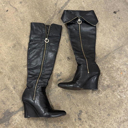 Vintage Sinela Black Leather Wedge Knee High Foldover Pirate Boots - Sz 37 / 7