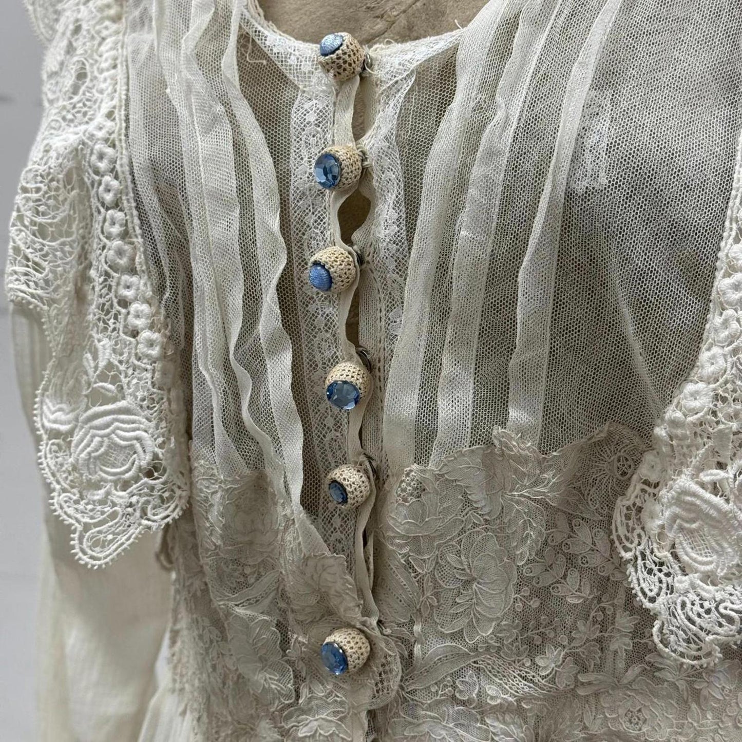 Edwardian Antique Lingerie Dress Lace Ruffle Gem Buttons
