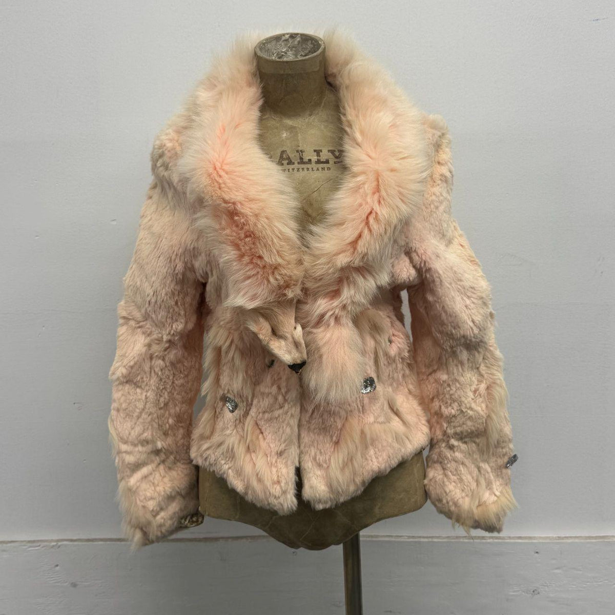 Vintage Y2K Baby Pink Pastel Rabbit & Fox Fur Jacket Coat w Rhinestones