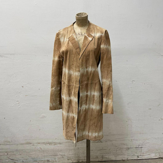 Vtg Y2K Bisou Jeans Tie Dye Suede Longline Jacket 100% Leather Duster