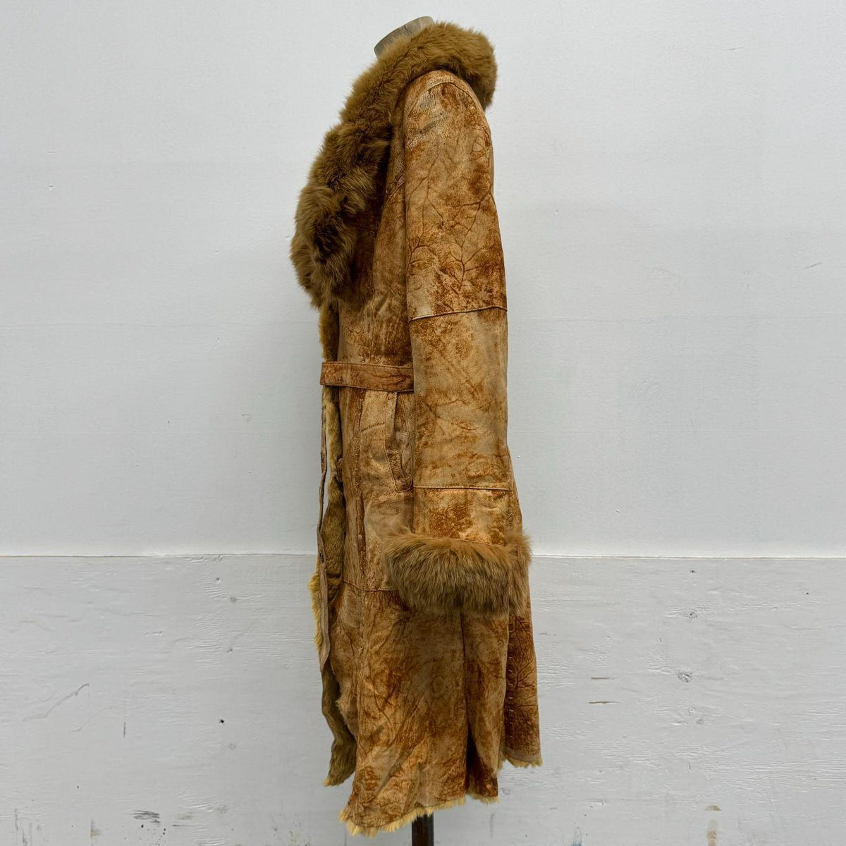 Vintage Y2K Penny Lane Suede Trench Coat w Fox Fur Collar Rabbit Lining
