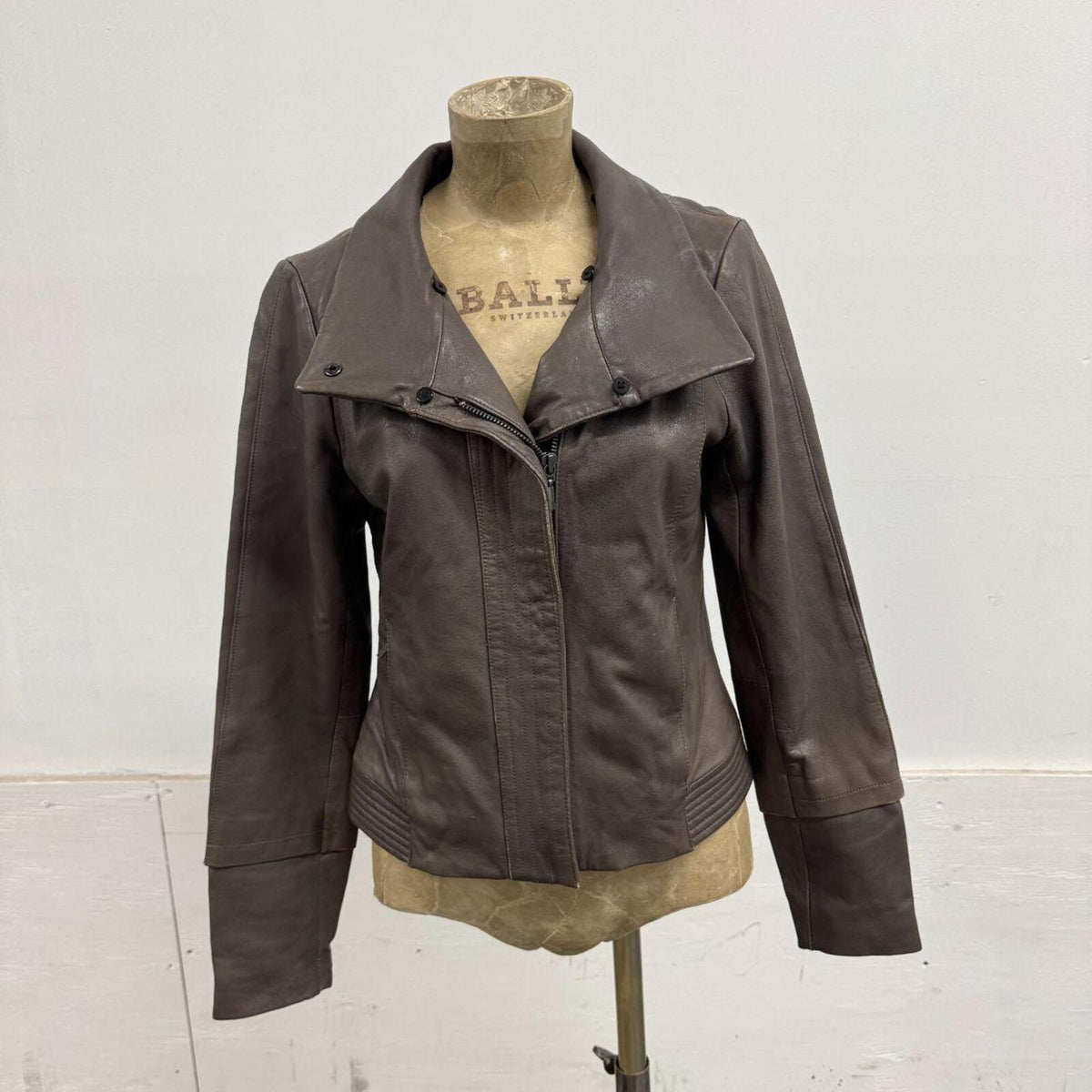 Vintage Grey-Brown Funnel Neck Avant Garde Leather Jacket
