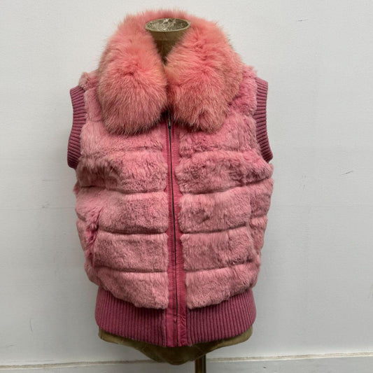 Vintage Y2K Bubblegum Pink Real Rabbit & Fox Fur Knit-Trimmed Zip Vest
