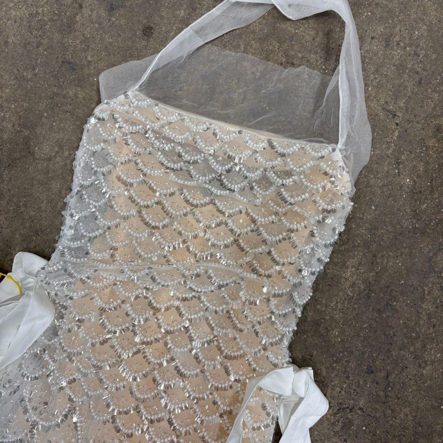 Sheer Silver Sequin Beaded Mermaid Halter Dress