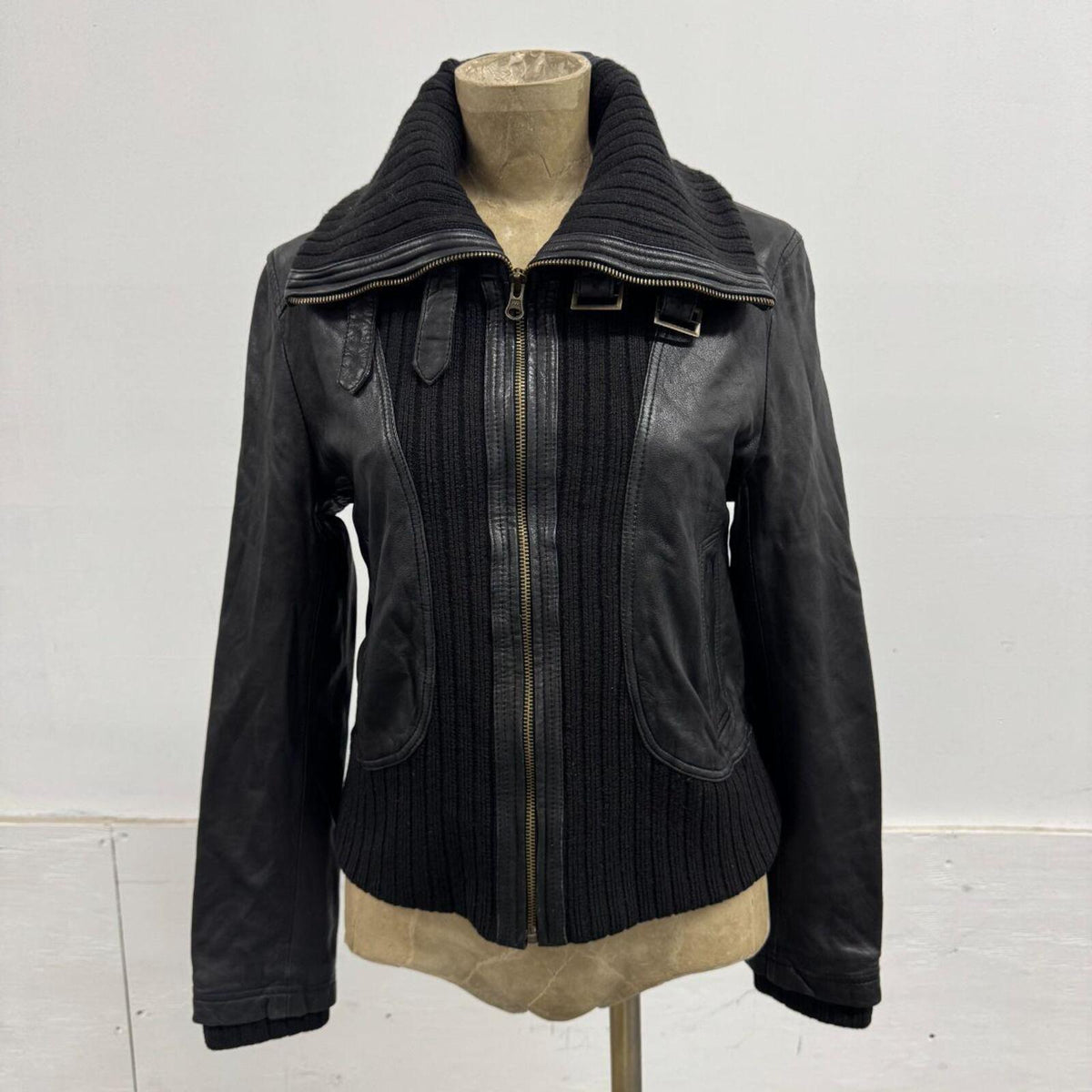 Vintage Black Funnel Neck Asymmetric Avant Garde Leather Jacket