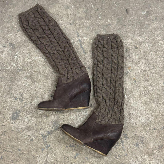 70s/80s Vintage Benetton Leather & Cable-Knit Wedge Boots