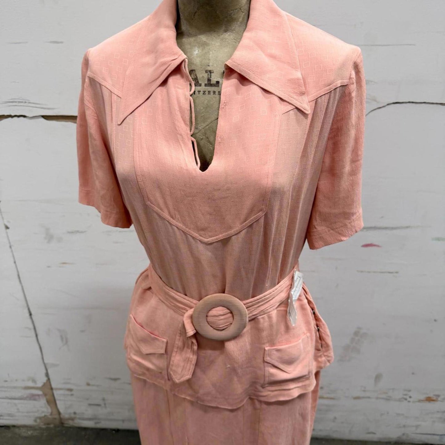 Vintage Early 1930s Peach Pink Rayon Crepe Wedding Dress w/ Original Belt