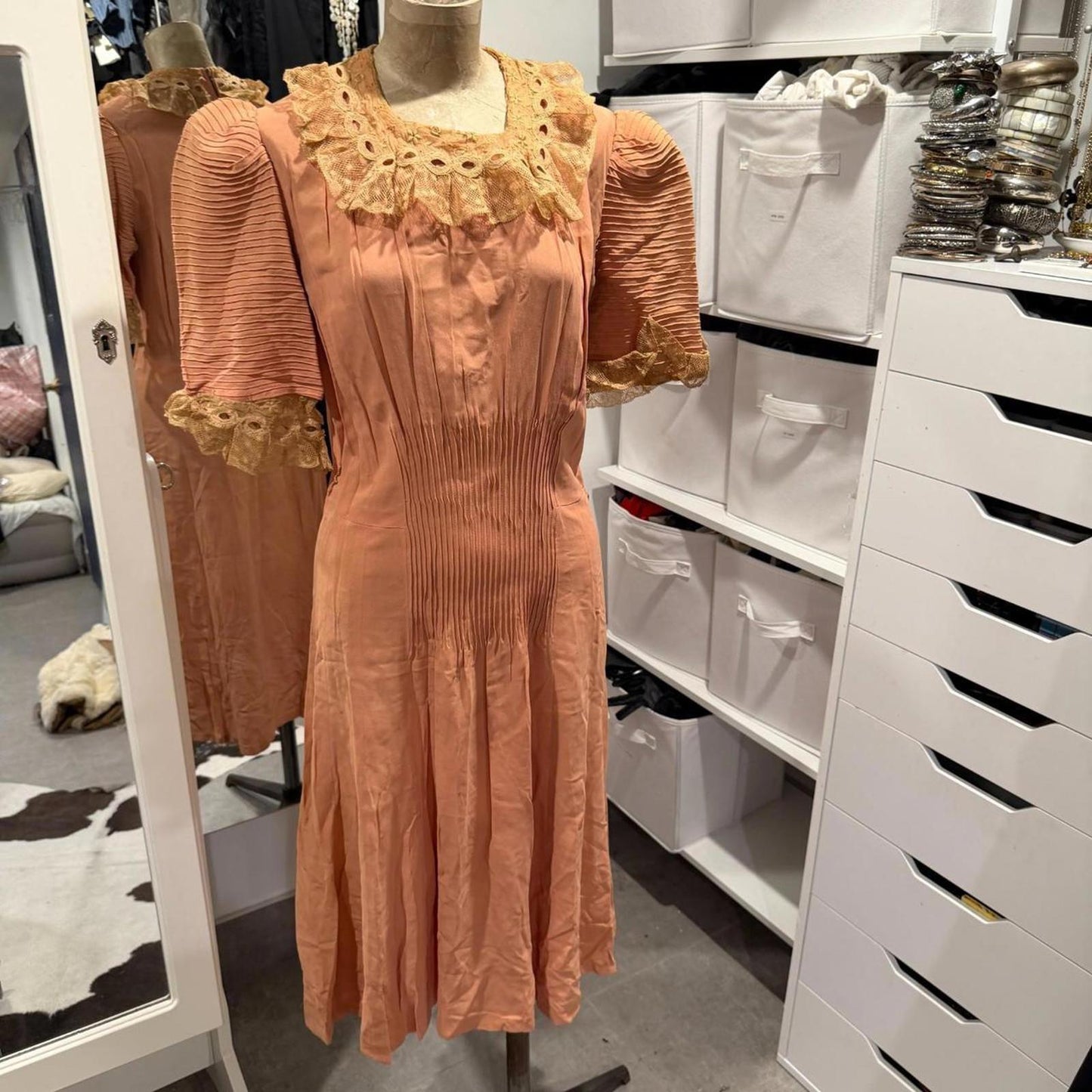 OOAK 1930s Antique Vintage Peach Pink Silk Day Dress