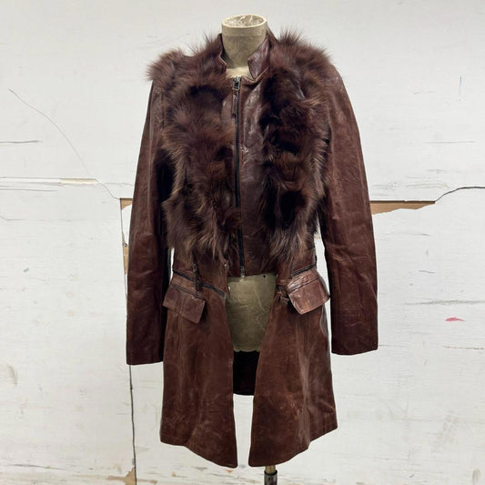 Vintage Brown Leather & Fox Fur Detachable Multi-way Statement Coat