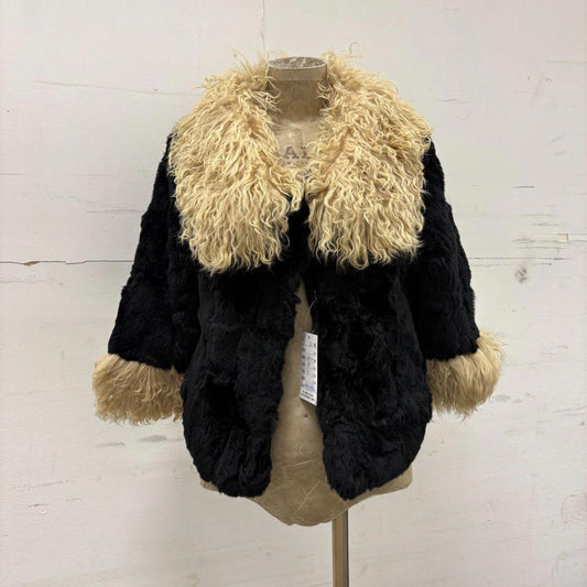 Vintage Y2K Black Real Rabbit Fur Coat Mongolian Lamb Trim