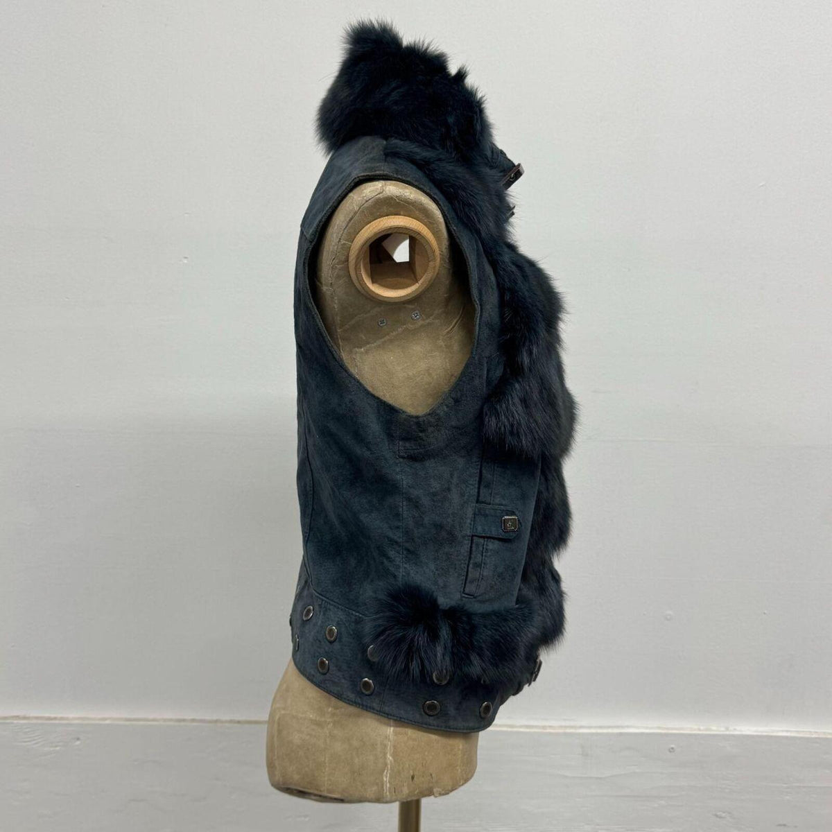Vintage Y2K Slate Blue Fox Fur & Suede Vest