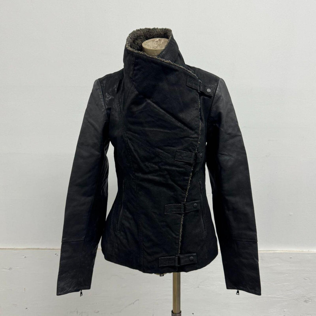 Vintage Black Funnel Neck Asymmetric Faux Leather Jacket Blink