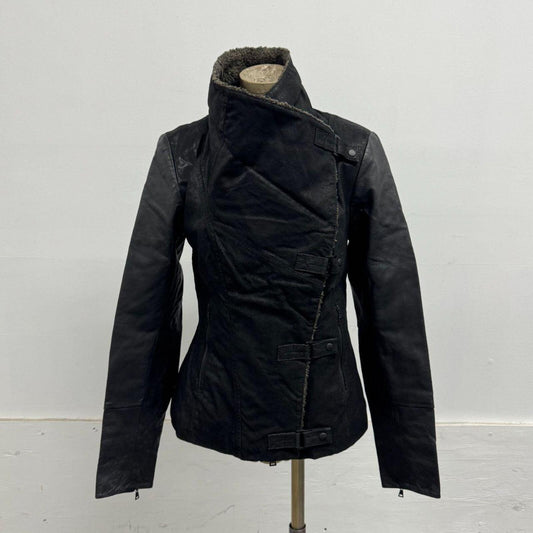 Vintage Black Funnel Neck Asymmetric Faux Leather Jacket Blink