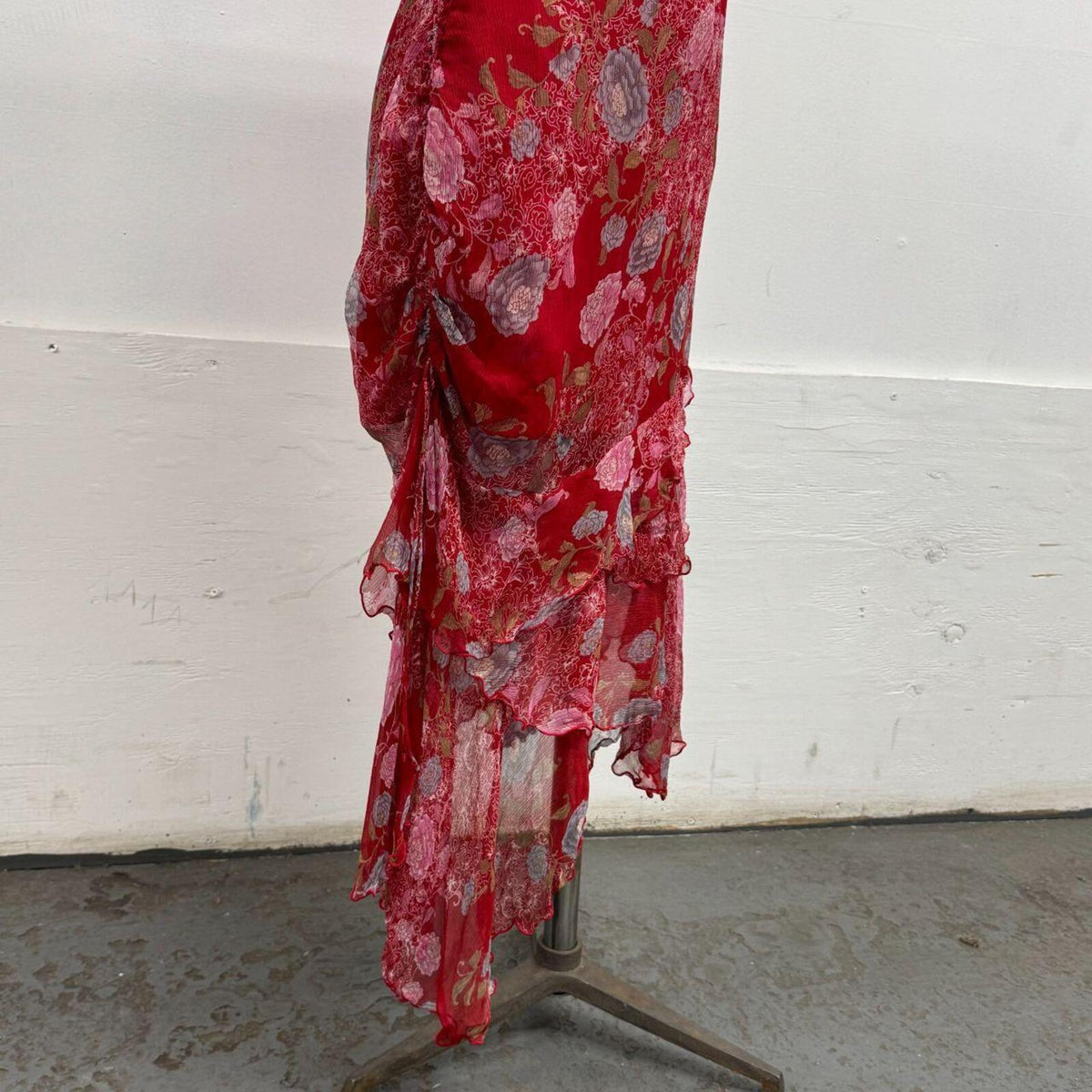 Vintage Etam Silk Floral Asymmetric Layered Dress Red Y2K