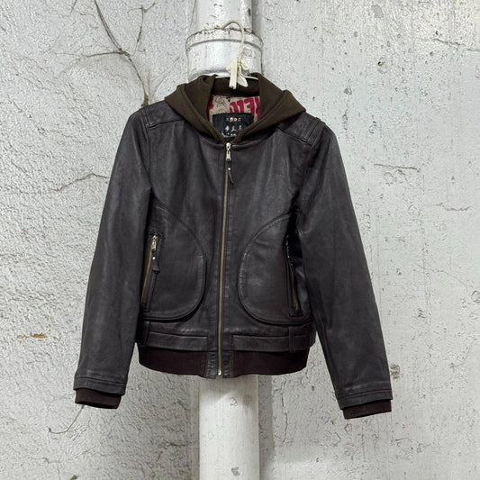 Vintage Y2K Knit Hooded Genuine Leather Bomber Brown
