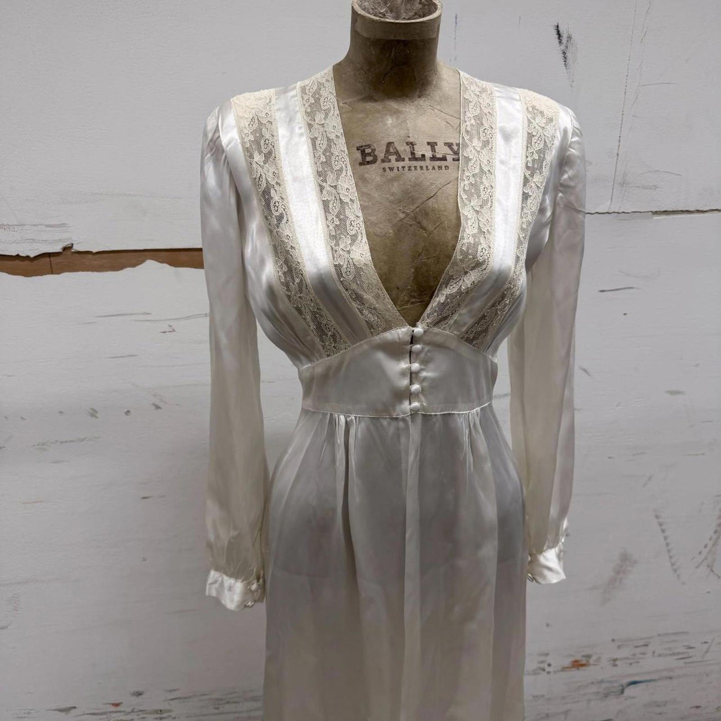 Restored 1940s Vintage White Ivory Satin Wedding Dress W/ Matching Slip 2pc Set