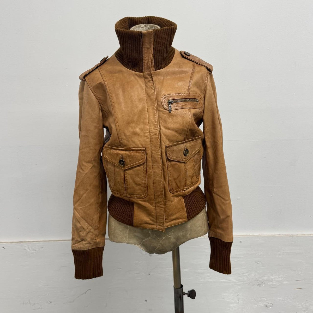 Vintage Y2K Utility Cargo Leather Bomber / Aviator Flight Jacket Oasis