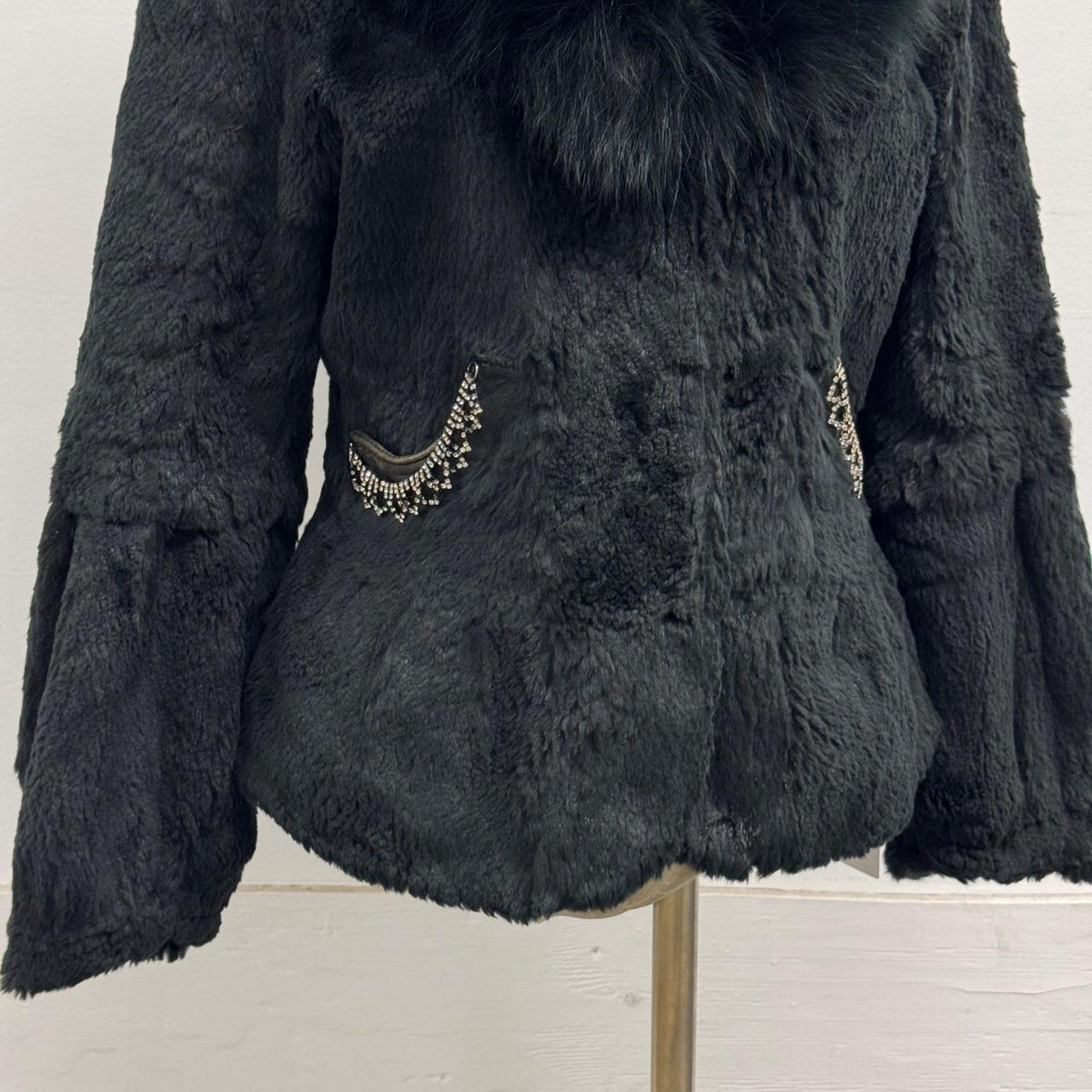 Vintage Black Rabbit & Fox Fur Jacket Rhinestone Detail Coat