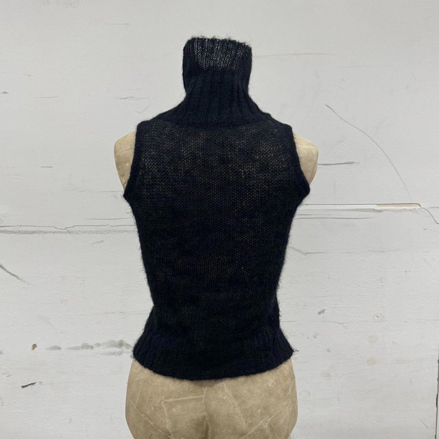 Vintage Black Mohair Turtleneck Knit Top with Sequin Panel S