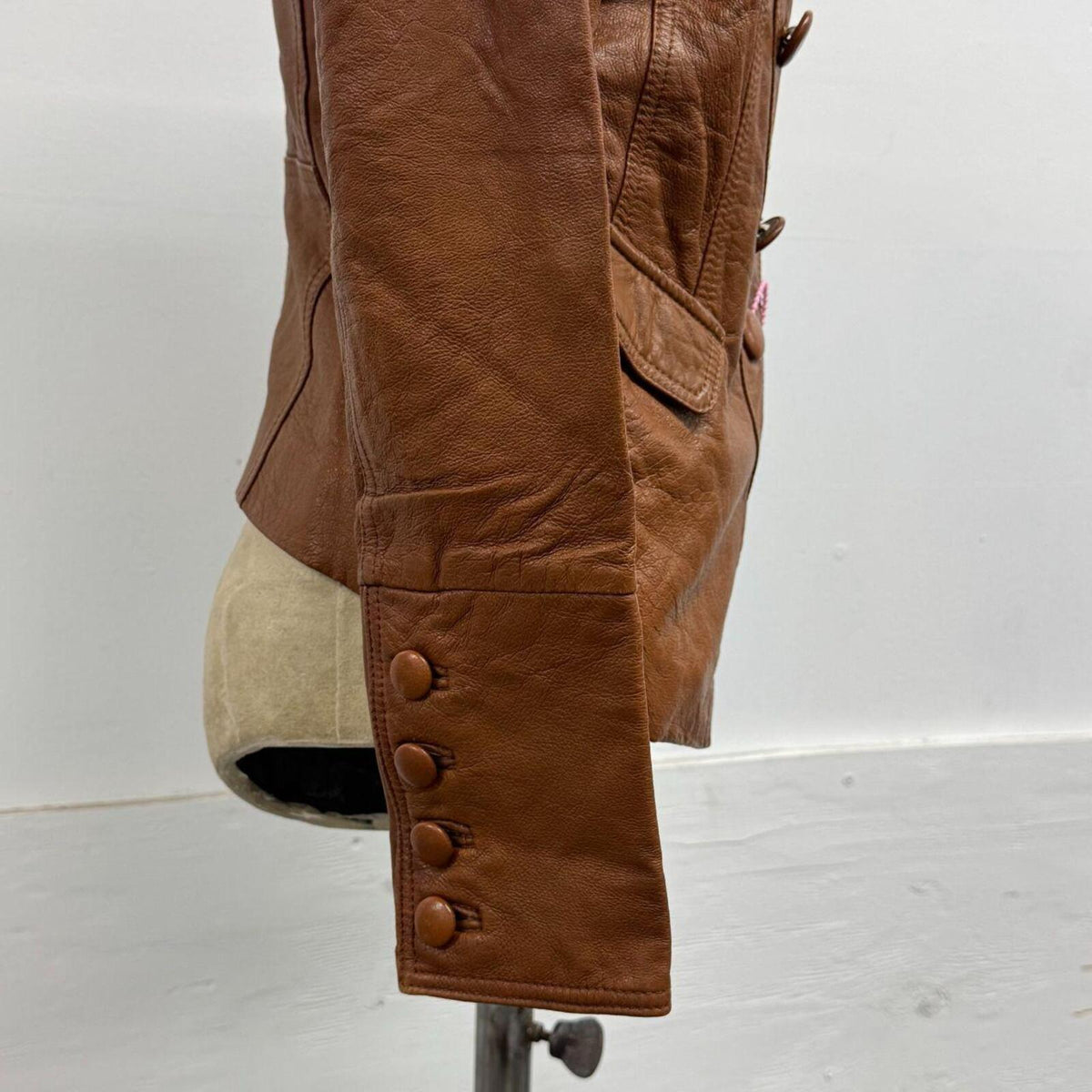 Vintage Cognac Brown Military Funnel Neck Leather Jacket 2