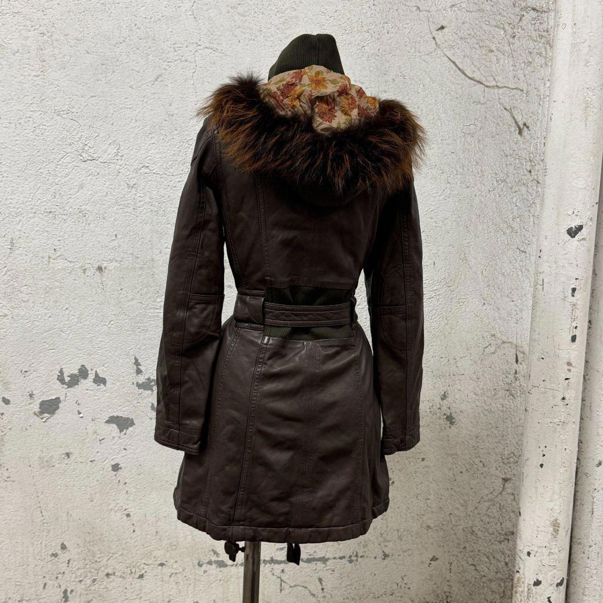 Vintage Y2K Genuine Fur-Trimmed Leather Longline Parka Coat Brown