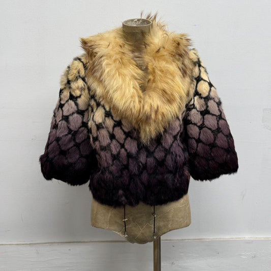 Vintage Y2K Cream Purple Fishnet Print Rabbit & Raccoon Fur Jacket Coat