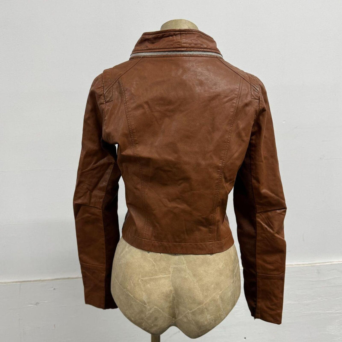 Vintage Tan Brown Funnel Neck Asymmetric Avant Garde Leather Jacket