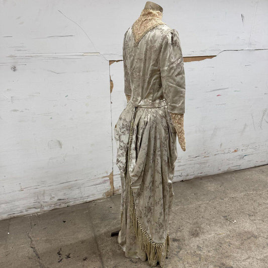 Vintage 50s does 1800s Ivory Jacquard Victorian Style Fringe Dress Film Costume