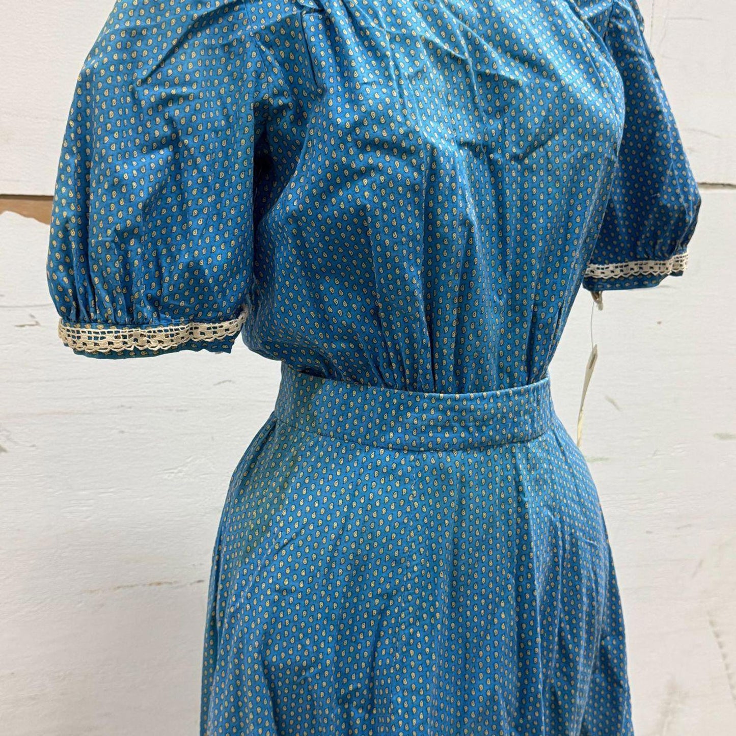 Vintage 50s does 1800s Blue Paisley Calico Cotton Prairie Gown