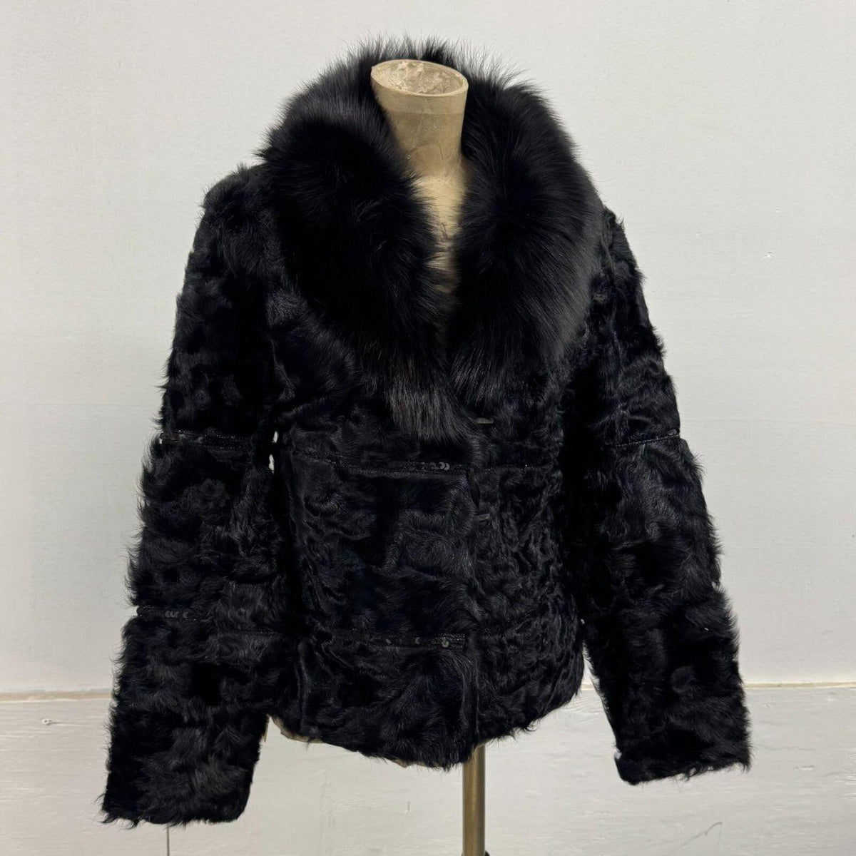 Vintage Black Sheepskin Wool & Fox Fur Coat