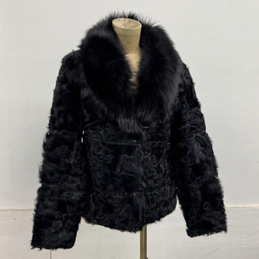 Vintage Black Sheepskin Wool & Fox Fur Coat