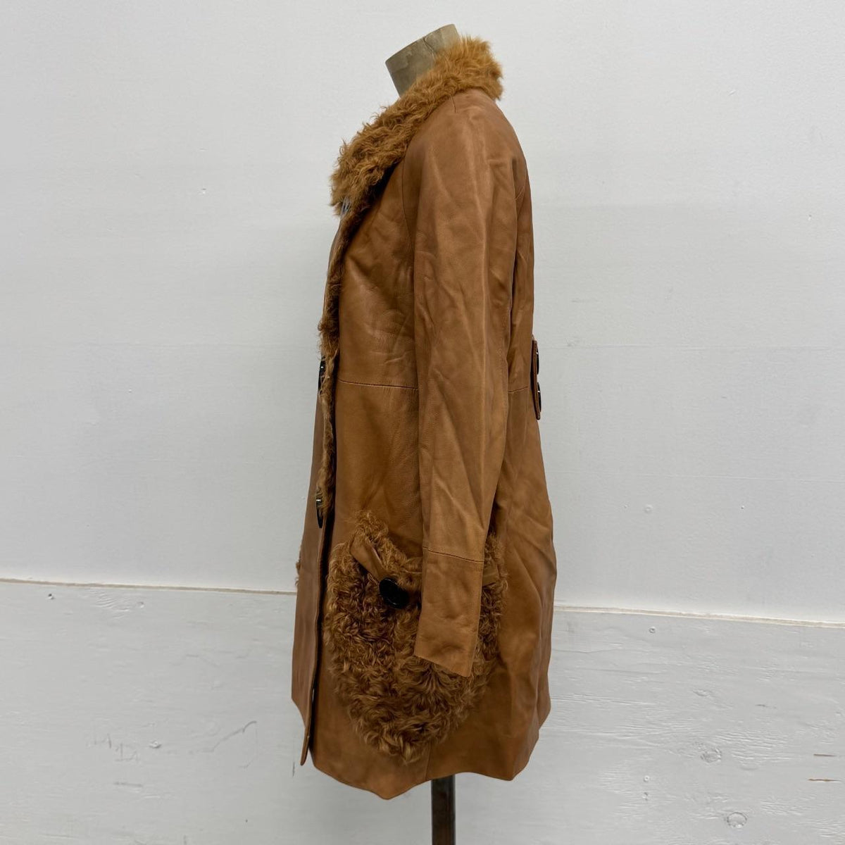 Vintage Camel Tan Leather Shearling Mod Swing Coat w Oversized Buttons