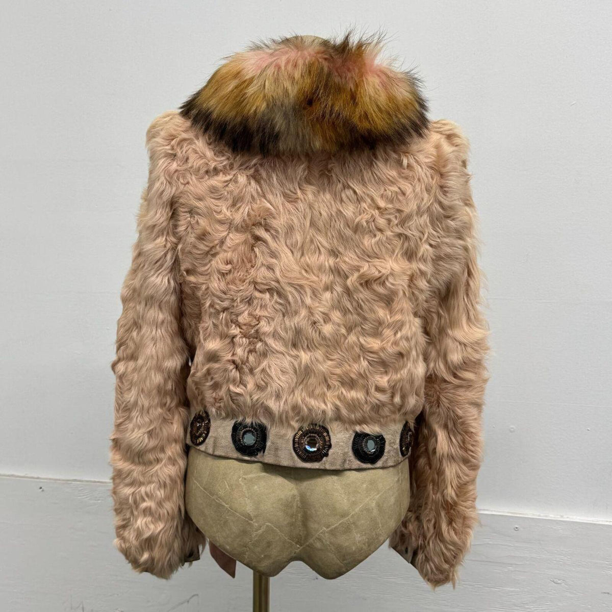 Vintage Y2K Pink Embellished Wool & Fox Fur Jacket Coat