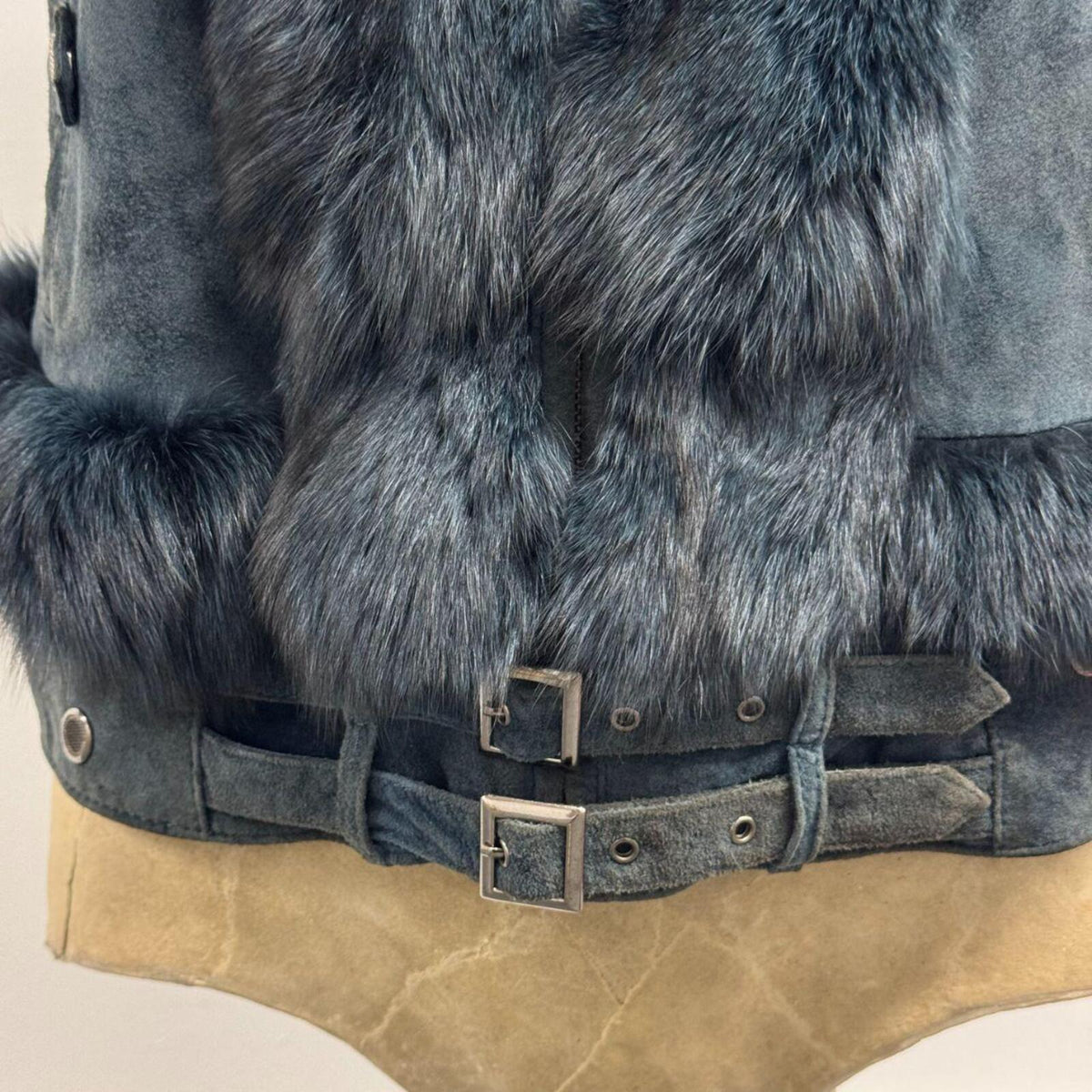 Vintage Y2K Slate Blue Fox Fur & Suede Vest