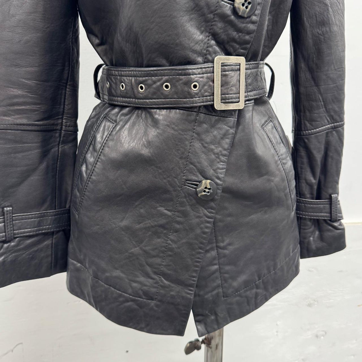 Vintage Black Belted Funnel Neck Longline Avant Garde Leather Jacket