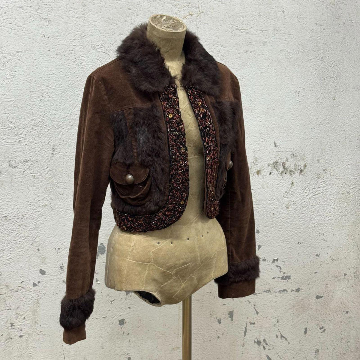 Y2K Vintage Brown Beaded & Rabbit Fur Cropped Bolero Jacket