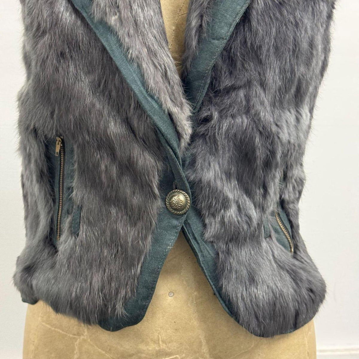 Vintage Y2K Grey Blue Military Rabbit Fur Vest