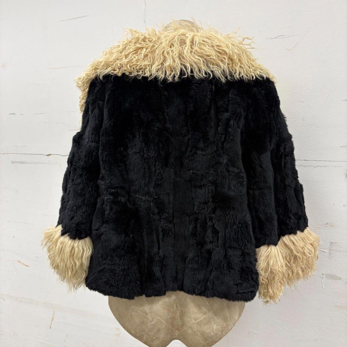 Vintage Y2K Black Real Rabbit Fur Coat Mongolian Lamb Trim