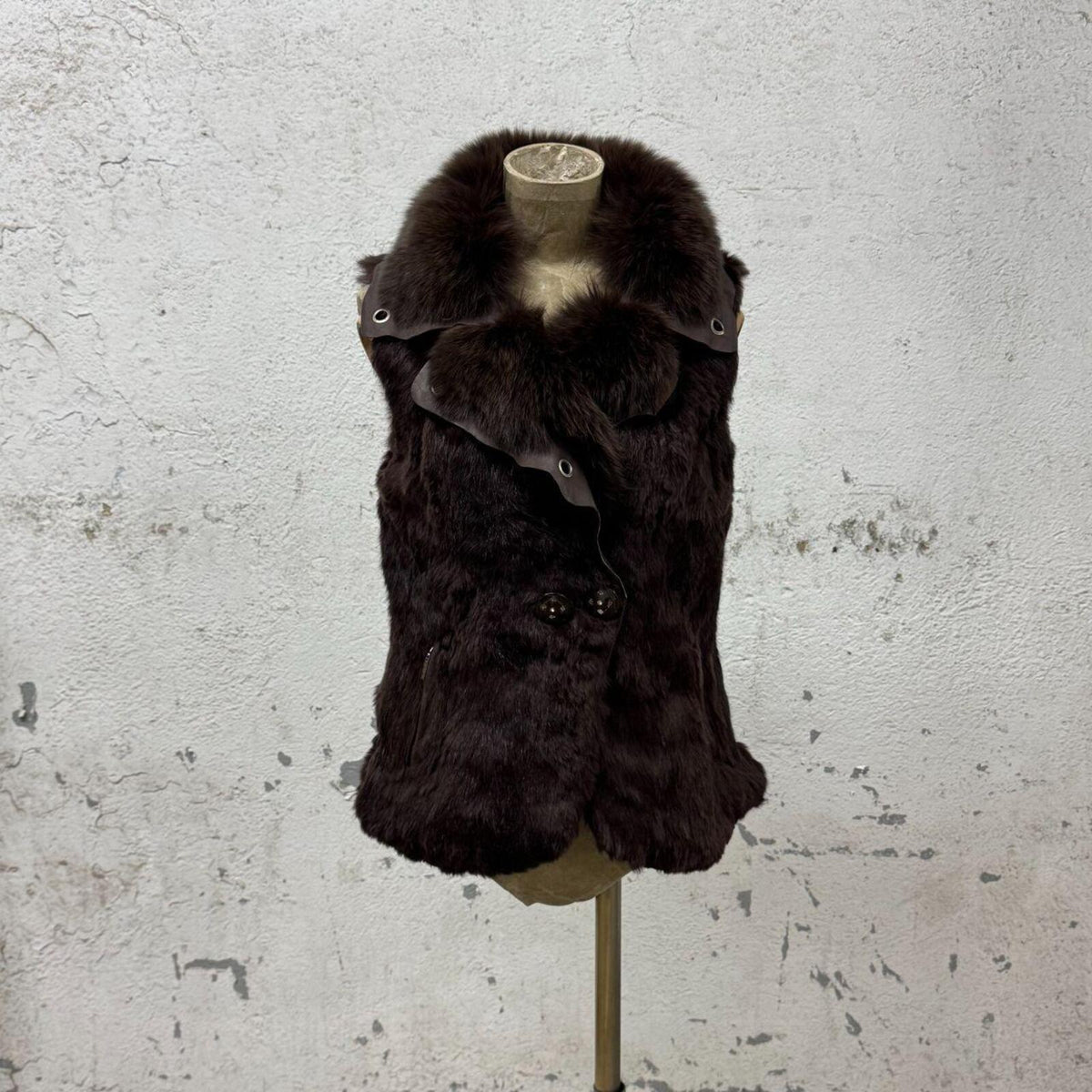 Vintage Chocolate Brown Rabbit Fox Fur & Leather Gilet Vest