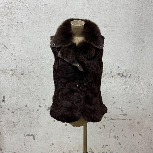 Vintage Chocolate Brown Rabbit Fox Fur & Leather Gilet Vest