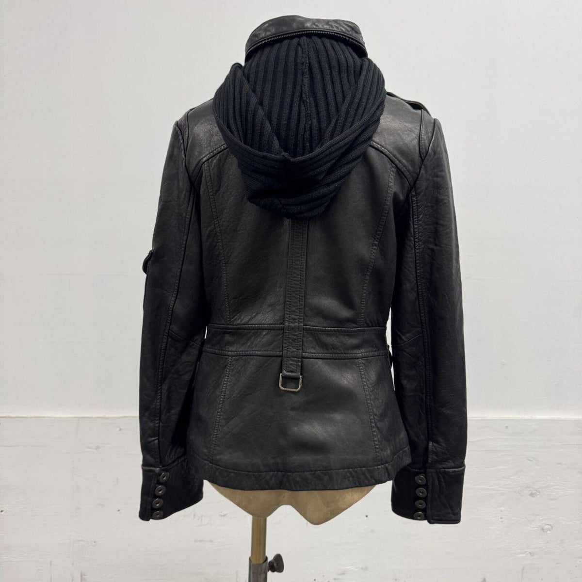 Vintage Black Utility Cargo Zip-Out Convertible Hood Parka Leather Jacket