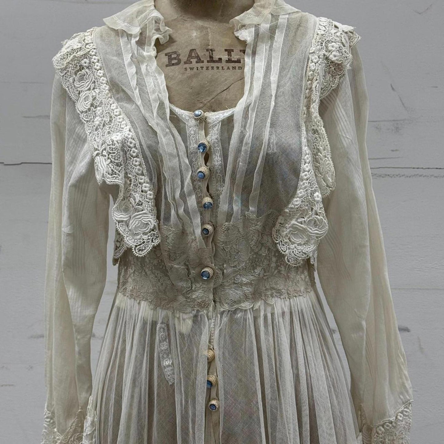 Edwardian Antique Lingerie Dress Lace Ruffle Gem Buttons