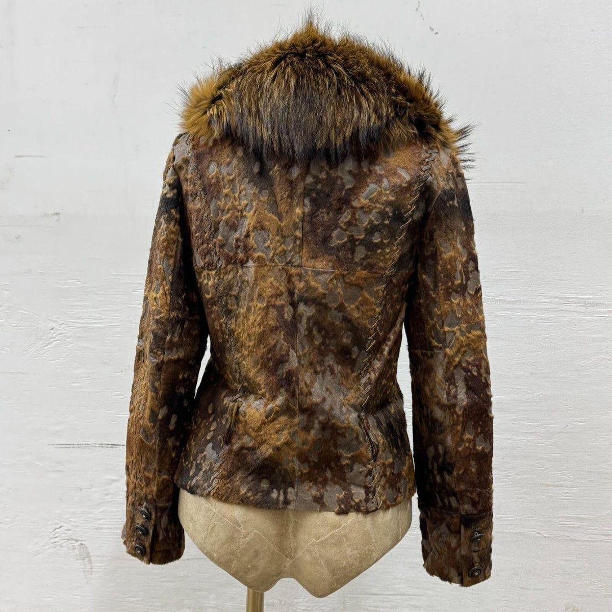Vintage Y2K Brown Burnout Calfskin & Raccoon Fur Jacket Coat