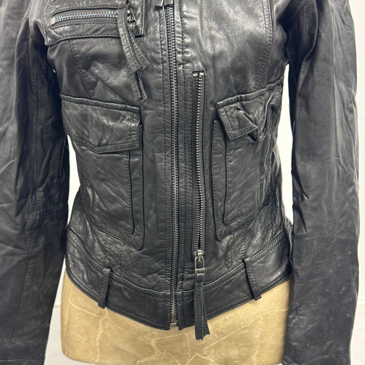 Vintage Black Multi-Zip Cargo Lambskin Leather Moto Jacket