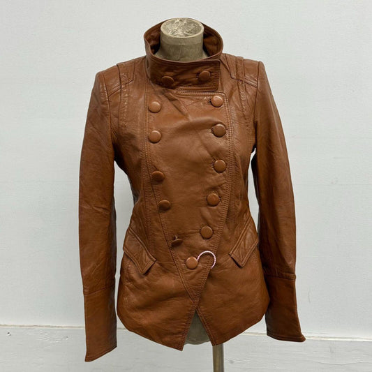 Vintage Cognac Brown Military Funnel Neck Leather Jacket 2