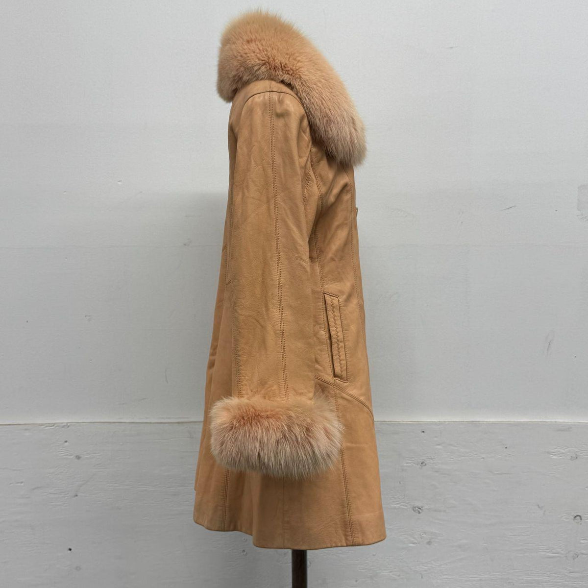 Vintage Y2K Peach Leather Afghan Trench Coat w Fox Fur Trim