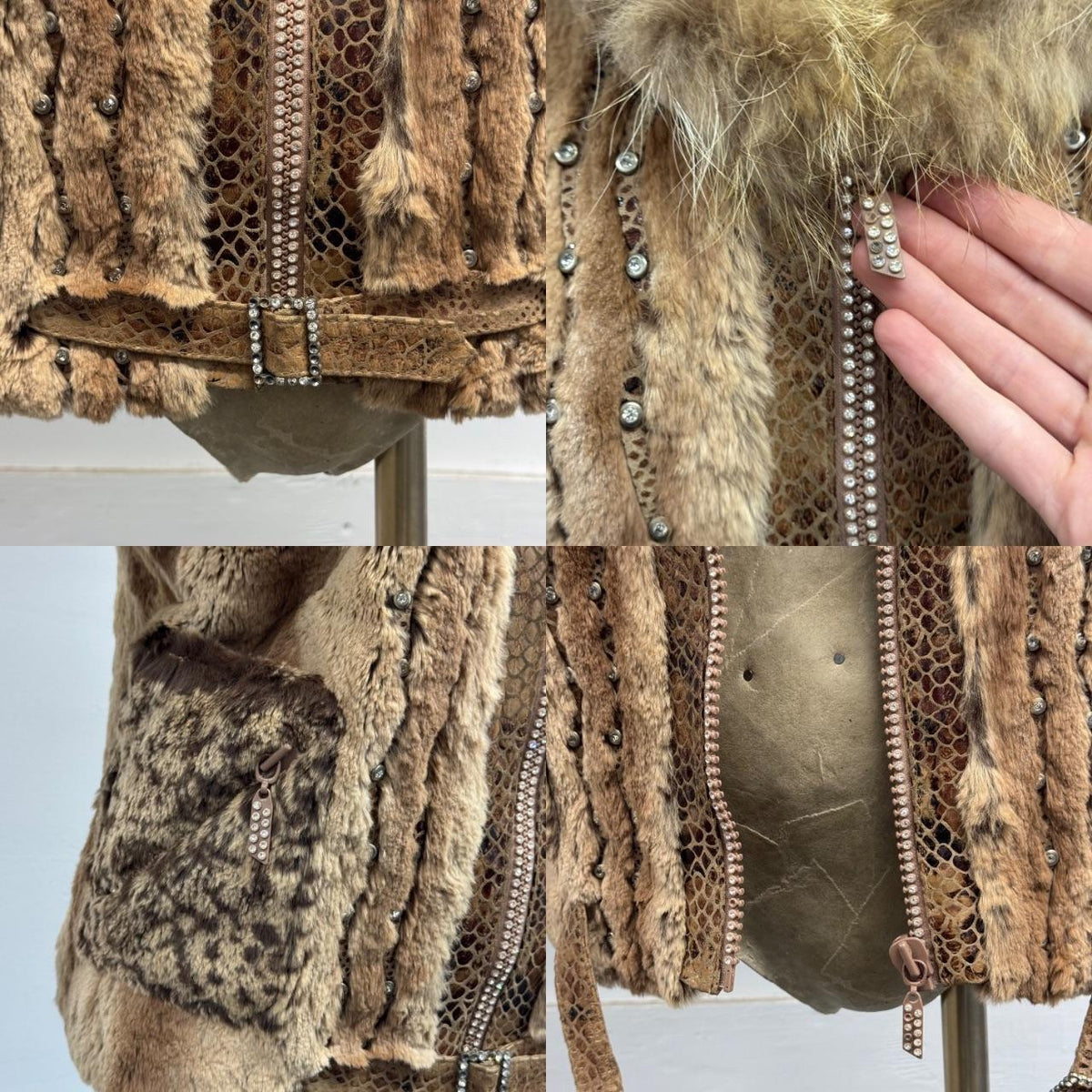 Vintage Y2K Hooded Rhinestone Rabbit & Raccoon Fur Jacket Coat