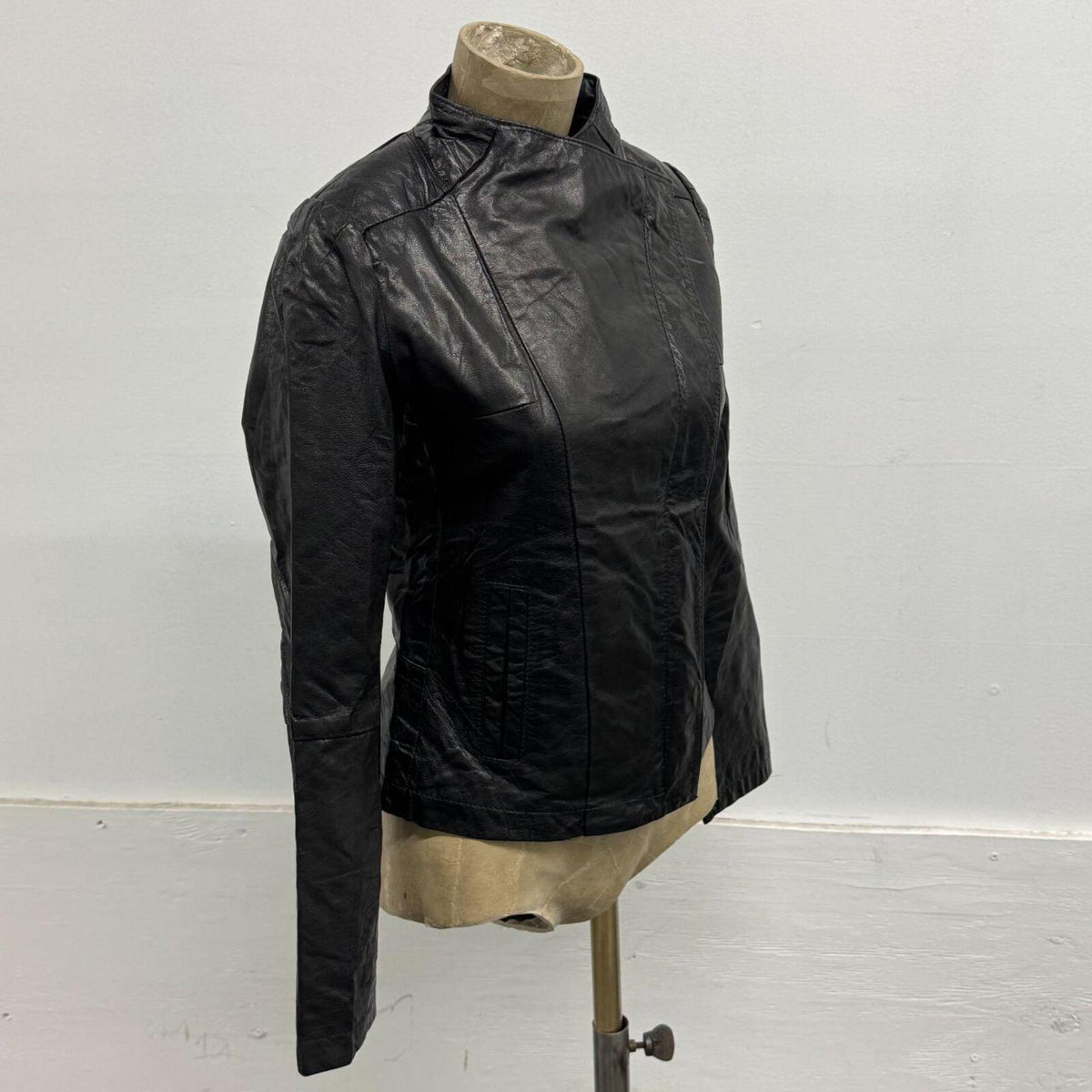 Vintage Black Funnel Neck Asymmetric Avant Garde Leather Jacket