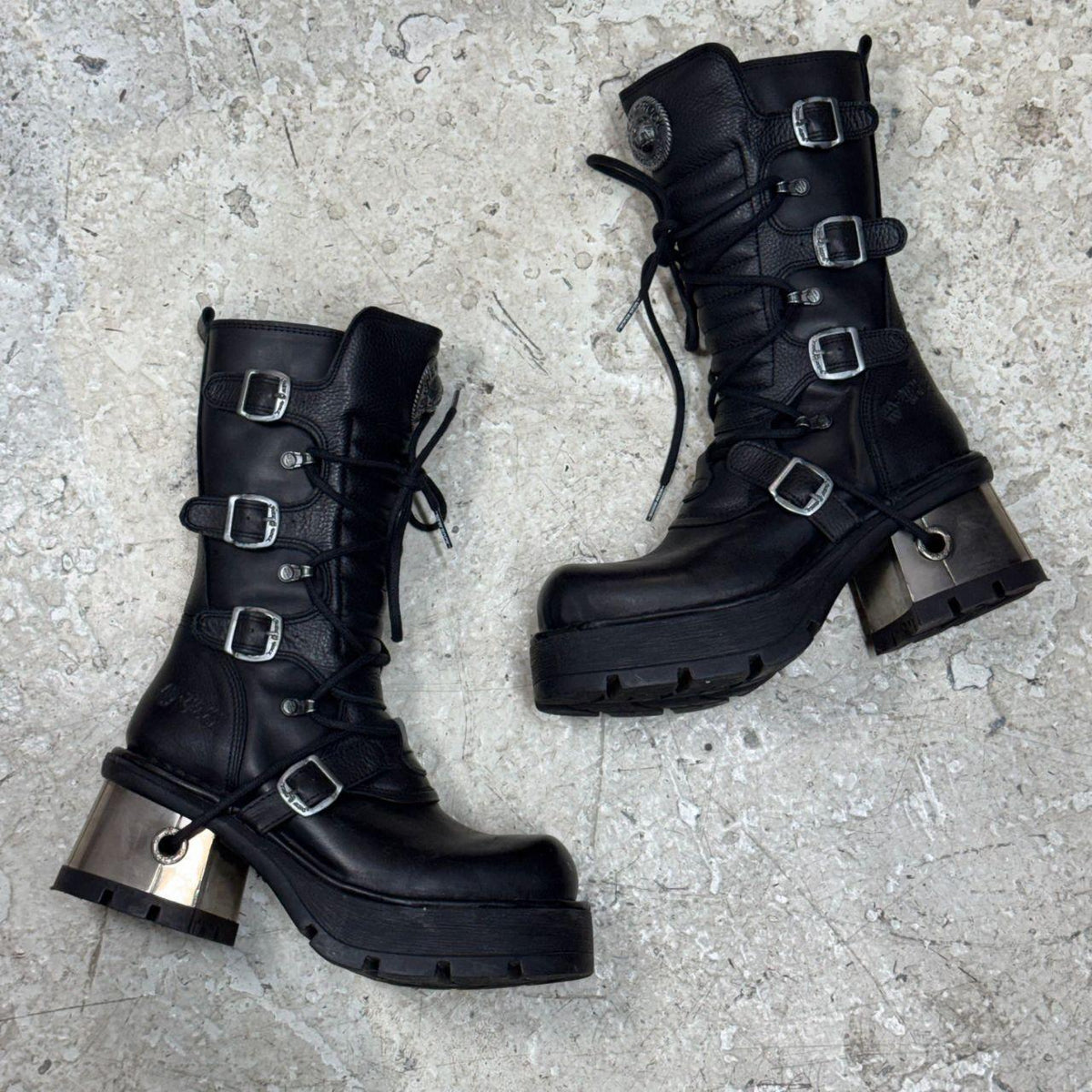 NWT New Rock Black Leather Metal Block Heel Buckle Platform Boots